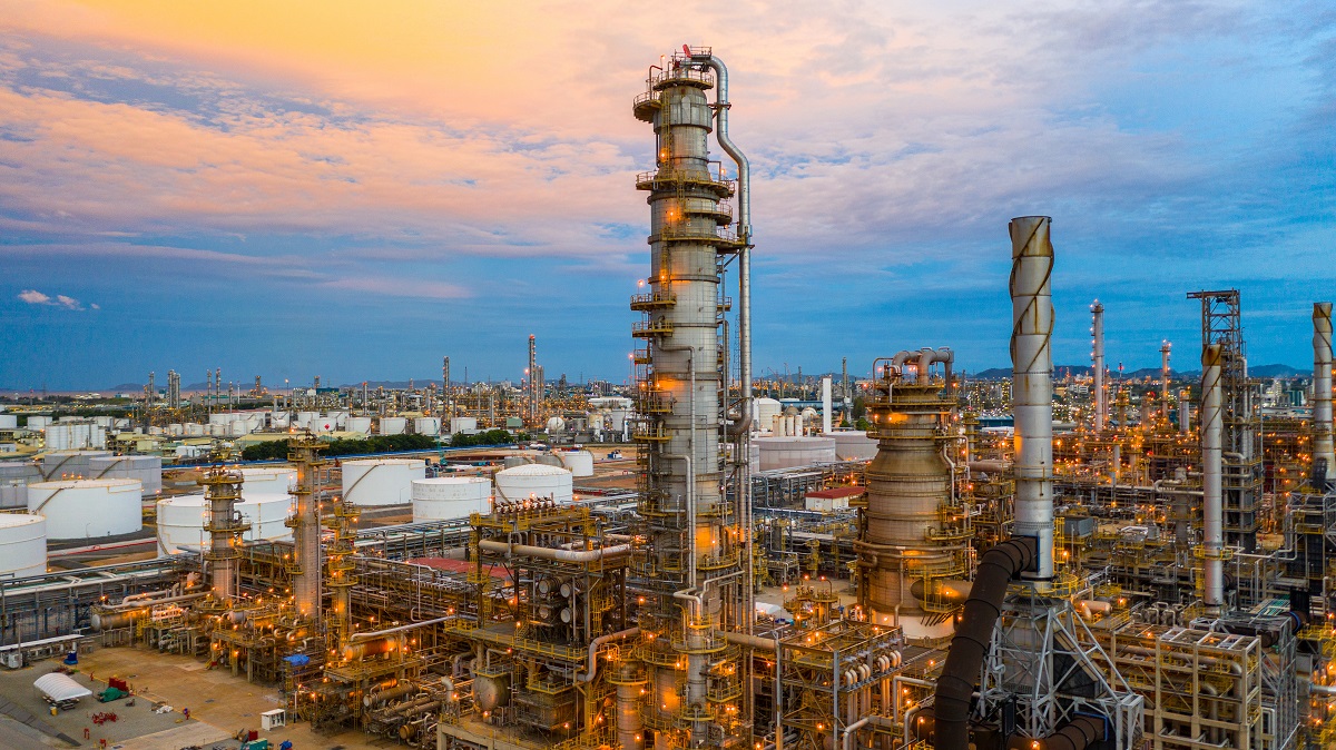 Oil Refinery At Twilight, Aerial View Petrochemical Plant And Oi